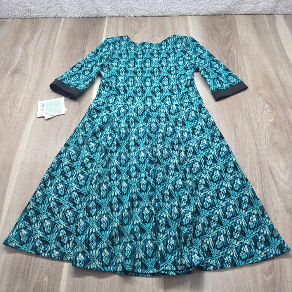 Bonnie Jean‎ Girls Dress Teal Black Geometric  Fit Flare 3/4 Sleeve Size 16 NWT